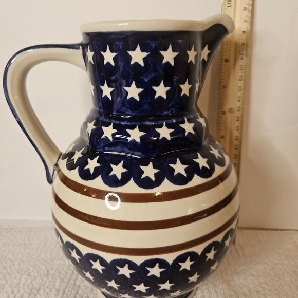 Boleslawiec Americana Polish Pottery Stars & Stripes 9" Pitcher Red White Blue - Picture 4 of 6
